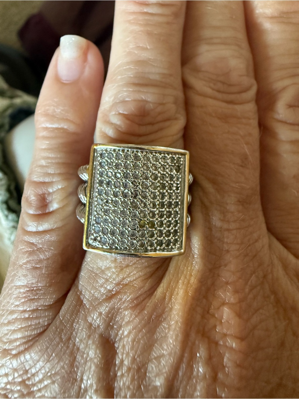 Premier Silver-Tone Pavé Square Ring with Gold Trim